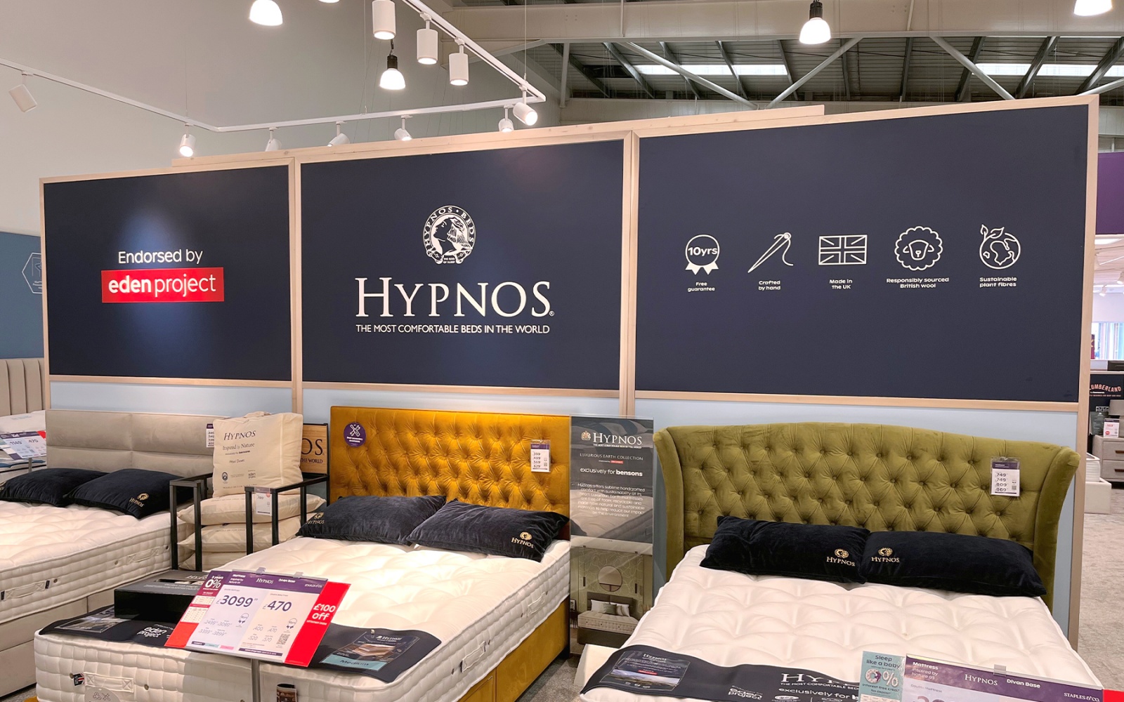 Tension-frame Hypnos graphics in a Bensons store